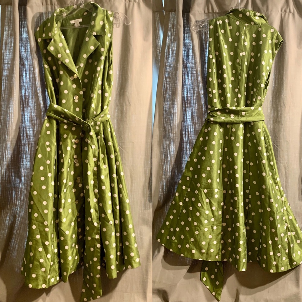 tea length green polka dot button dress w/ belt